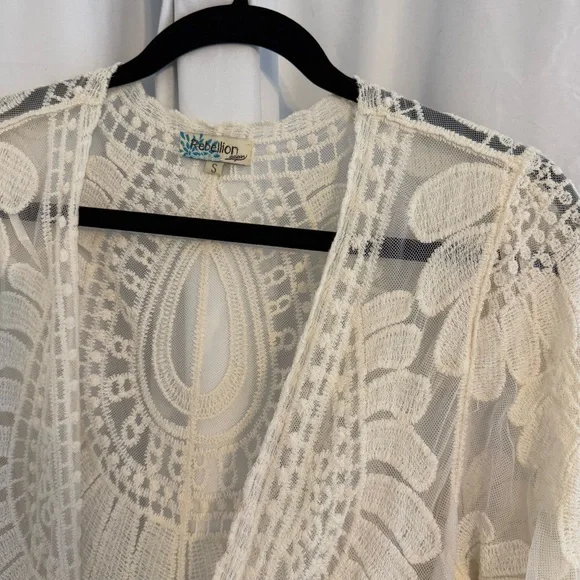Rebellion Again Floral Lace Long Duster Layering Cardigan Cream Womens Small - Picture 7 of 9